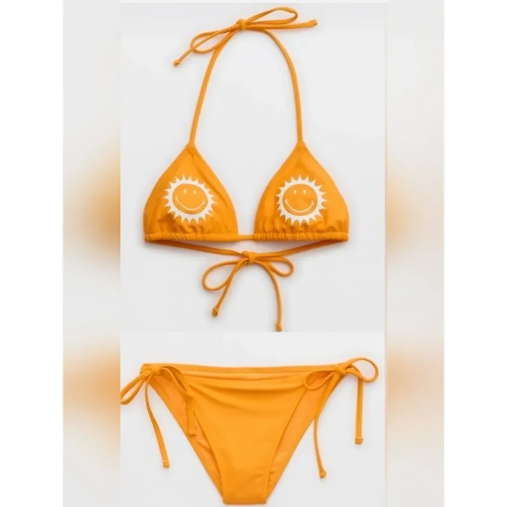 NWT Aerie 2 SET Smiley String Triangle Top + Cheekiest Bottom Orange